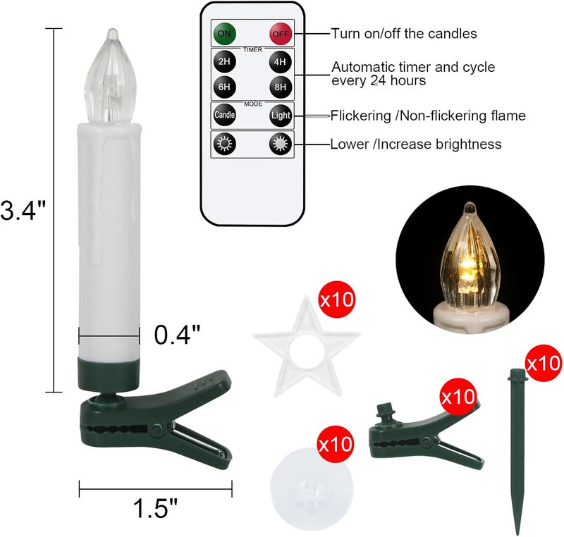 DRomance Christmas Tree Flameless Taper Candle Lights Battery Operated with 10-Key Remote and Timer, 10 Pack Plastic Flickering LED Taper Candles Multi-Using Home Garden Holiday Decor 3.4" - Image 2